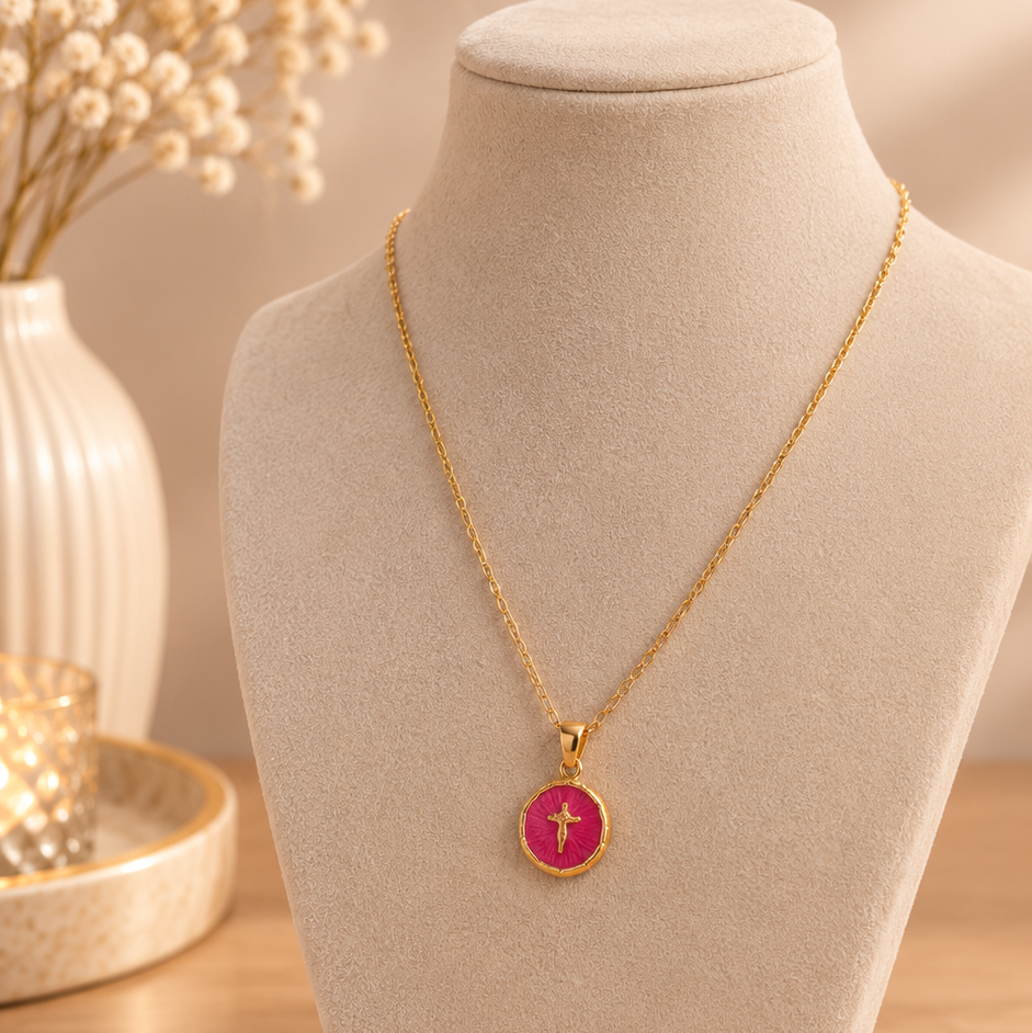 Collier - Croix rose/rouge